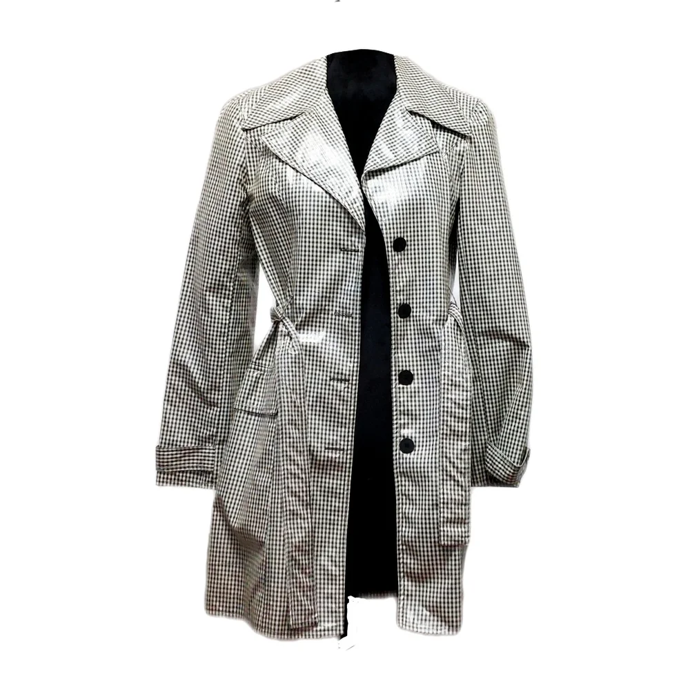 Laundry Shelli Segal Womens B&W Small Gingham Button Trench Coat w/ Sheen Sz 4 - Picture 4 of 7